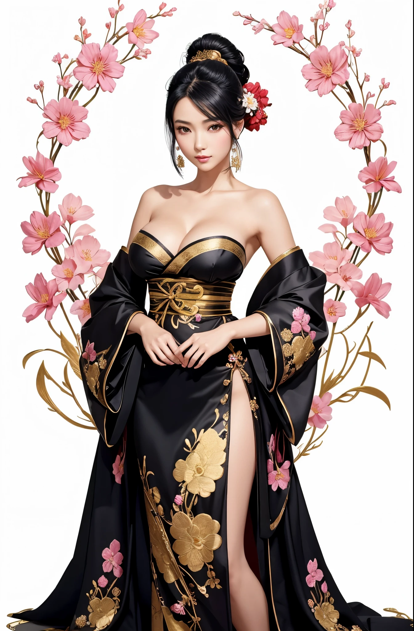 gorgeous oriental woman, black hair in an elaborate hairstyle, elegant embroidered kimono, sakura flower embroidery, gold details, full body shot, cleavage, bare shoulders, standing, large breasts, alchemist, strapless dress, vials
, potions, updo, blank background, white background, lulu, ffx