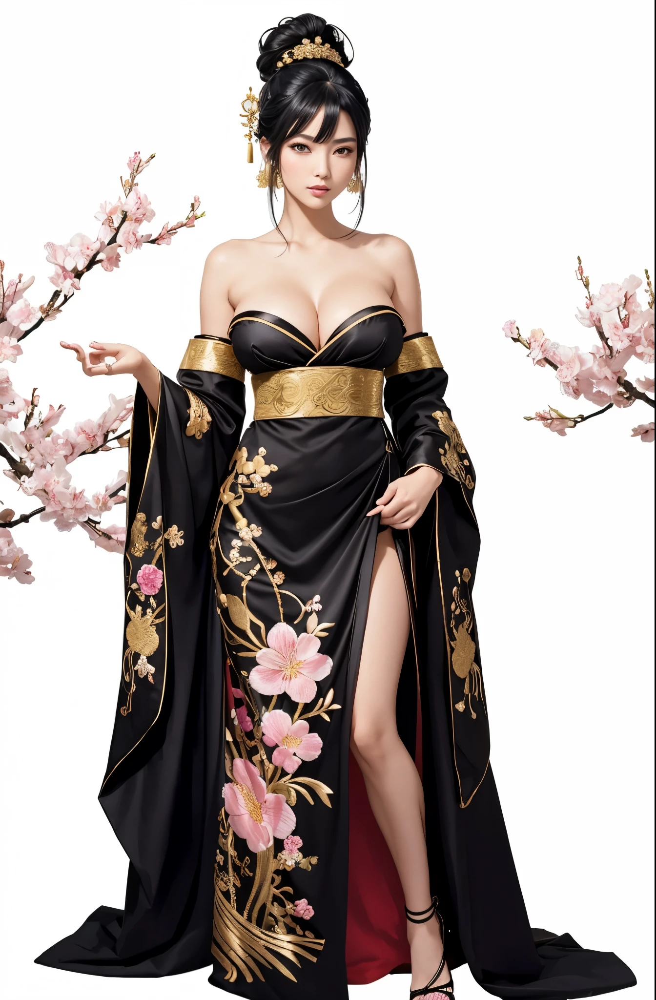 gorgeous oriental woman, black hair in an elaborate hairstyle, elegant embroidered kimono, sakura flower embroidery, gold details, full body shot, cleavage, bare shoulders, standing, large breasts, alchemist, strapless dress, vials
, potions, updo, blank background, white background, lulu, ffx