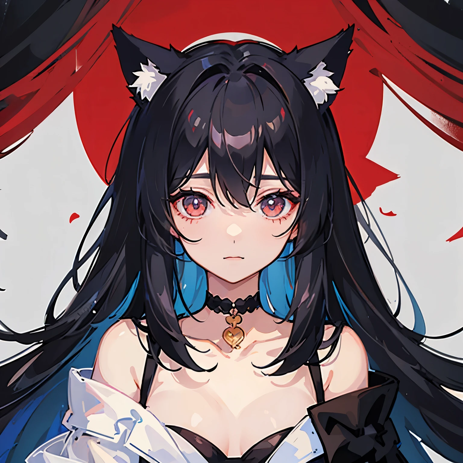 1 persons、girl with、Long Black Hair、Cat's ears、a choker、Eyes are red、Unclear、kawaii