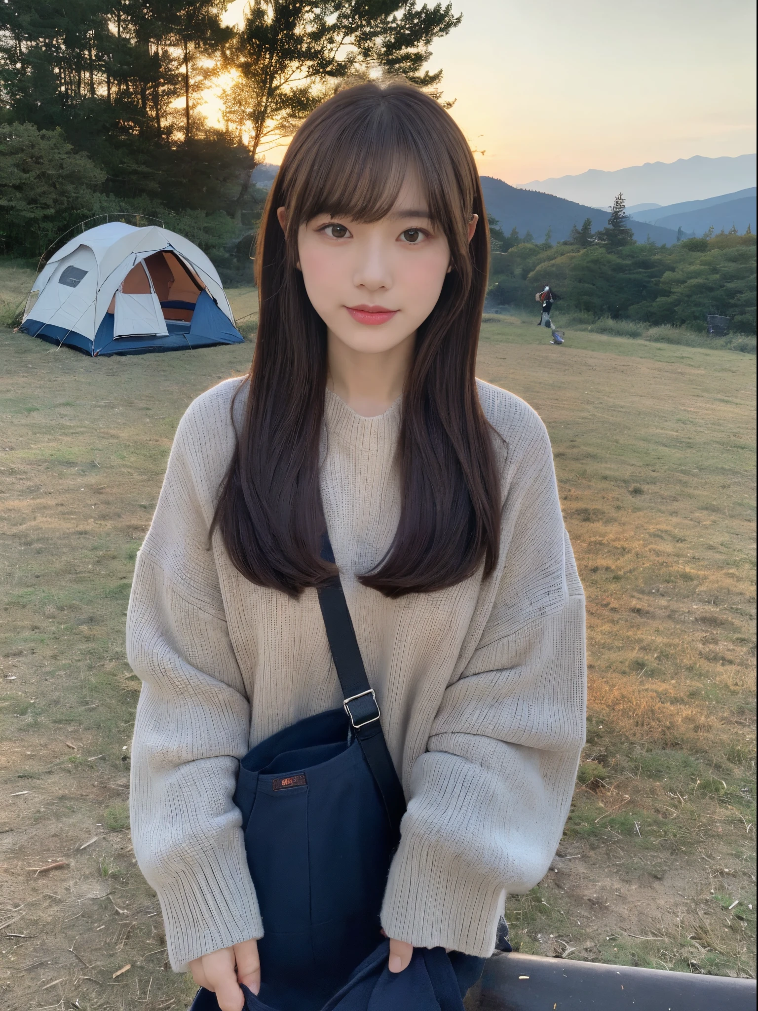 (top-quality、8K、32K、masterpiece、nffsw:1.2)、Photo of a cute Japanese woman、女の子 1 人、(Medium short dark brown hair)、(small tits)、二重まぶた、camping at the foot of the mountain. Fuji、tome'White breath leaks in cold seasons and winter.、bend down in front of the bonfire, But I held out my hand to get warmer.