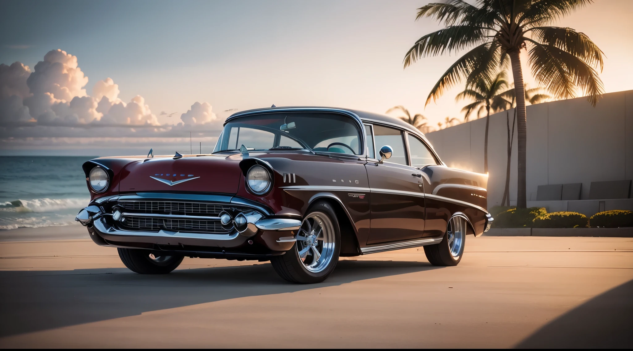 Imponente Chevy 57 vermelho e branco Show Car, enormes rodas BBS, Ridiculously low posture parked near palm trees and beautiful mansions with oceanfront balconies with the sun shining and reflecting everywhere and on the yachts in the background in sunny California
