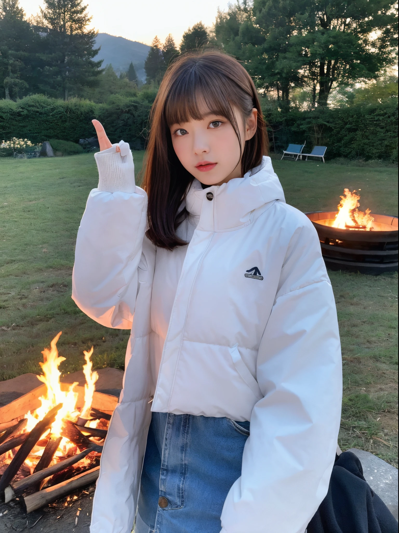(top-quality、8K、32K、masterpiece、nffsw:1.2)、Photo of a cute Japanese woman、女の子 1 人、(Medium short dark brown hair)、(small tits)、二重まぶた、camping at the foot of the mountain. Fuji、tome'White breath leaks in cold seasons and winter.、bend down in front of the bonfire, But I held out my hand to get warmer.