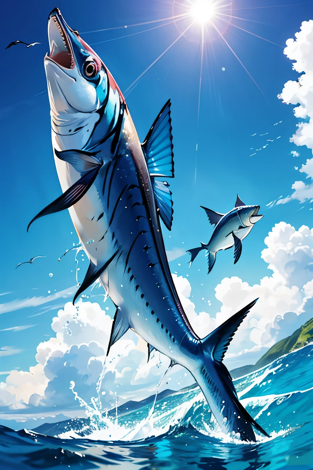 marlin fish, jumping out of water, 18 feet long, realistic marlin fish, in the sea