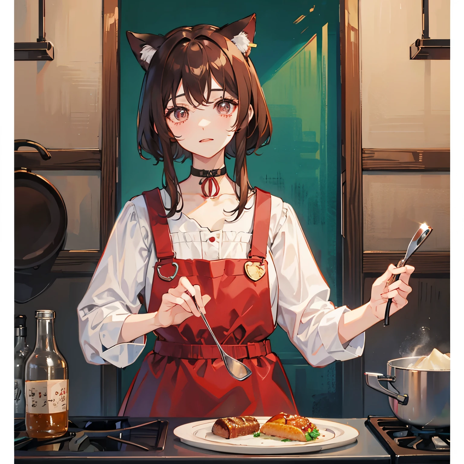 1人、girl with、Brown hair long、a choker、eyes are red、pinafore、cooking a、cat ear、unclear、kawaii