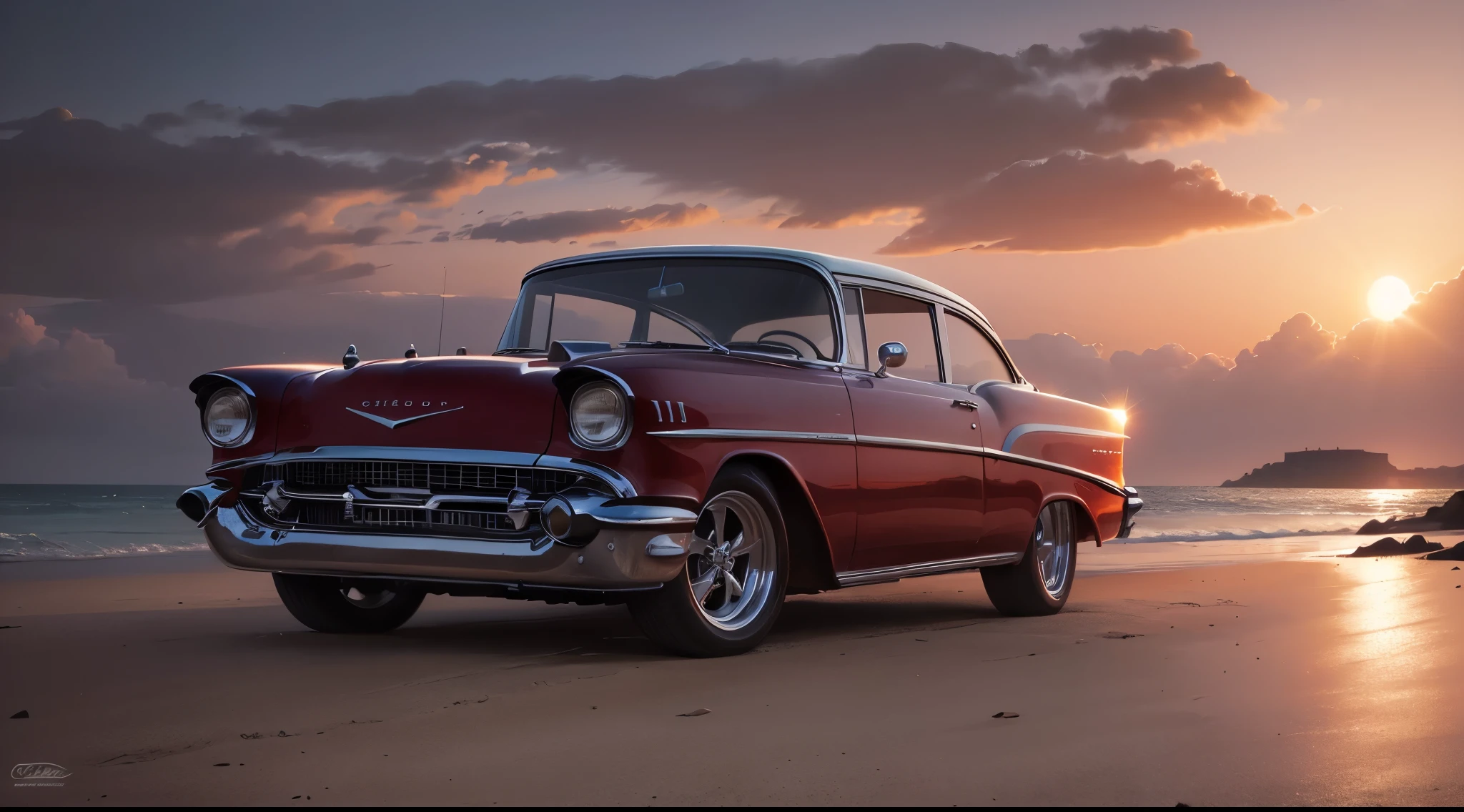 Carro vermelho com detalhes brancos de 57 Chevy e praia, coconut trees and boats and yachts at sunset near Syd Mead