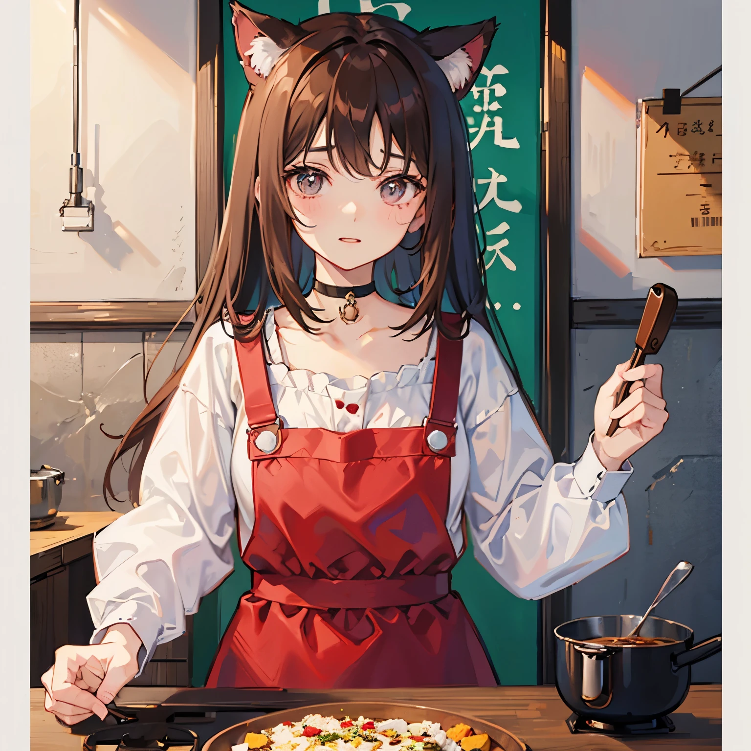 1人、girl with、Brown hair long、a choker、eyes are red、pinafore、cooking a、cat ear、unclear、kawaii