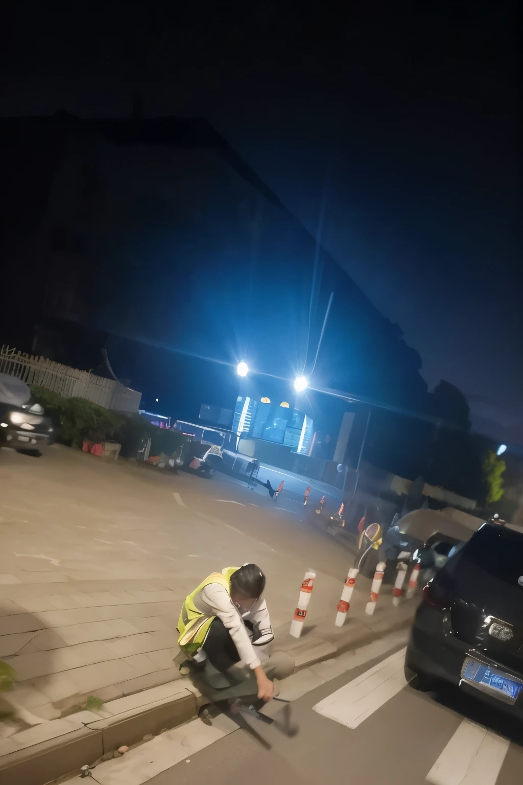 there is a person riding a skateboard down a street, Busy nights, 现在是natta, during night, LED lights around, natta, flood lighting, during night录像, during night, Professional work, jinyiwei, Lanterns on the roadside sparkle, during night拍摄, nighttime scene, yard, natta在外面, Very very low quality, Images available