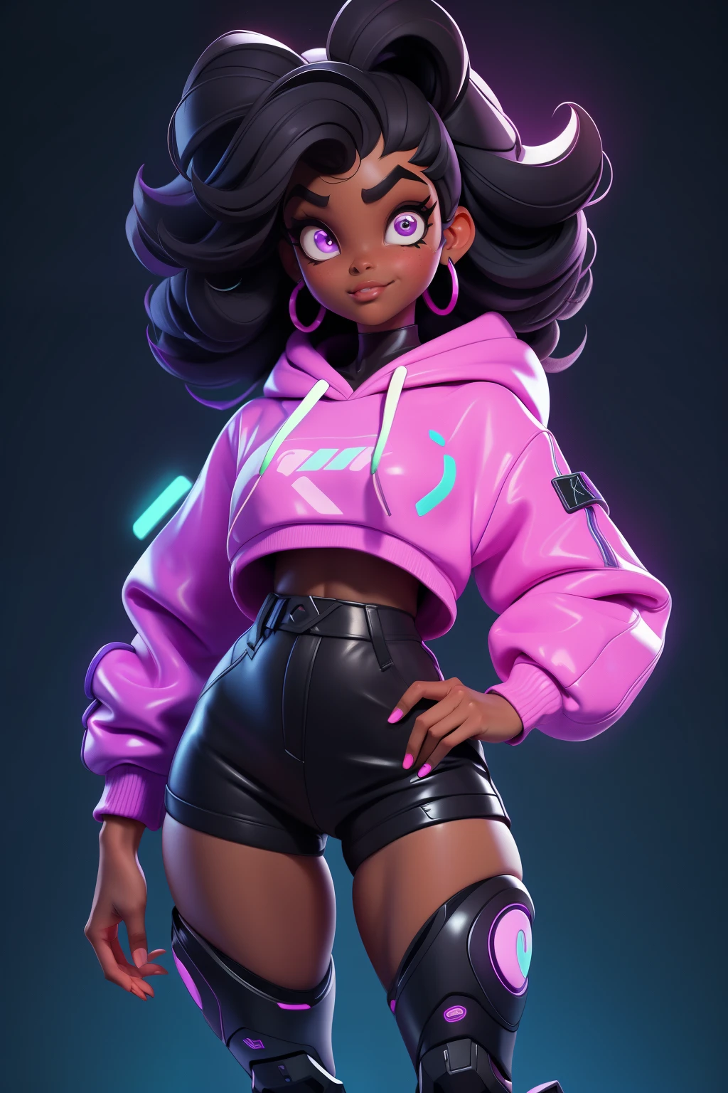 Create a half body shot black girl (((Brooke Shields))) with short black afro hair and purple eyes, smilling, thick eyebrows, hacker, dark skin, wide hips, (robotic legs and thighs prostheses), ((wearing shorts ,top and hoodie)), night time, good quality, perfect anatomy, 8k, masterpiece, by (Holaxes), long hair, gadgets, neon, cyberpunk, neon purple, neon yellow, cyberwave, best Character Design, 2077, (pixar)