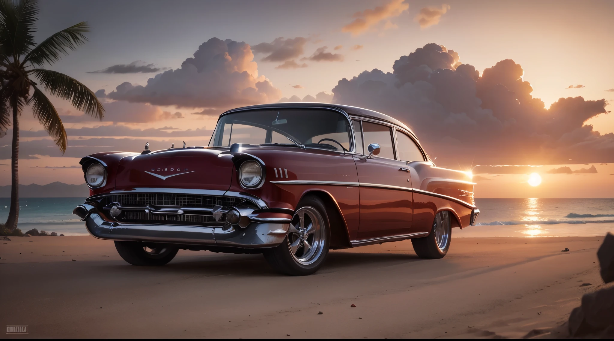 Carro vermelho com detalhes brancos de 57 Chevy e praia, coconut trees and boats and yachts at sunset near Syd Mead