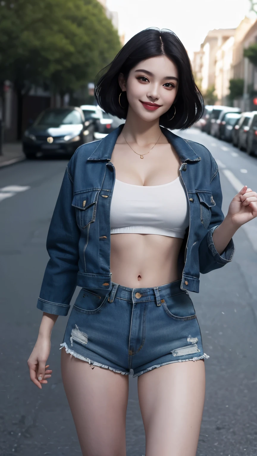(best quality,masterpiece:1.2),ultra high res,photorealistic,beautiful woman,shorts,crop-top, blue jacket,cleavage,black hair,almond eyes,smile,pale skin,bokeh