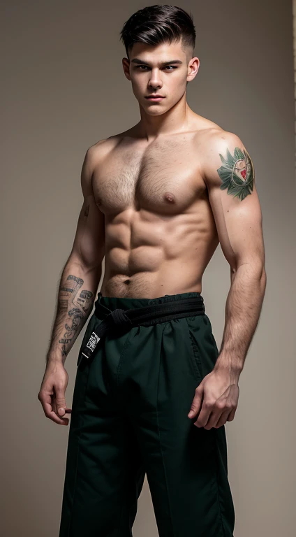 Young white man Kyokushin black belt , , military haircut, dark black hair, intense green eyes, intense gaze, affiliated features, no facial hair, height 1.93, weight 96 kg, muscular build, broad shoulders, V-shaped body, sleeves tattoos on right arm, full body focus, completely hairless,