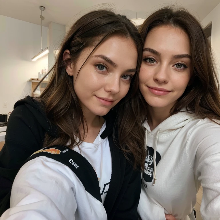 Londoner Gril, green eyes,
Stupsnase, schmaleres Gesicht, Blondes, brunette hair,  lockiges blondes Haar, Natur, Lippen, natural skin, Realistischer Skin, Arm, ein paar leichte Sommersprossen auf der Nase, schmale Augenbrauen, Eyebrows sharpened, longer thin eyelashes, oversized black hoodie, schaut lachend nach rechts, White teeth, slight dimples, Dimples slightly red, sitzend im Schneidersitz, Ohrringe an beiden Ohren, weite jogginghose, black long-sleeved sweater, lacht mit Freundin, lacht mit Freundin und holds her hand over her mouth, holds her hand over her mouth, locken