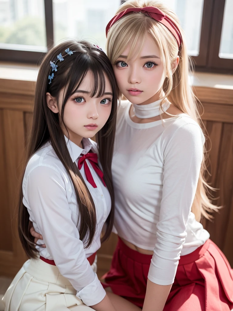 (Best Quality), (Masterpiece), (Raw Photo), Master, Very Beautiful, High Definition CG, 8k Wallpaper, Amazingly Fine Detail, Official Art, Huge File Size, High Definition, Darkness, Atmosphere, Mystic, Romanticism, Spooky, Literature, Art, Fashion, Elegant, (Perfect Anatomical Depiction of the Human Body))), (Two Girls in Their 10s and 20s Kiss in a Flower Garden), ( kissing from behind), (eyes closed), (tongue out)),
breast grab, (involuntarily grabbing breasts), (involuntarily closing eyes), (involuntarily sticking out tongue), (two people of different races), qincai, one has blond blue eyes and partially braided long hair, (blonde blue-eyed person hugs and kisses from behind),
One is a twin-tailed brunette Japan with beautiful whitening skin, (Japan person is hugged from behind and turns around to kiss), (very huge), (super big), (thin waist), (big buttocks), (thin thighs), (skin turns white), baby face, (neat white blouse of smooth thin fabric with ribbon tie)), (blouse chest is very cramped), (braless) , (dark areola), (blouse crushes large breasts and spreads to the sides),
((Ultra Micro Mini Pleated Skirt)), (Skirt length short enough to show buttocks), (White panties), (No skin exposed on upper body), (Neat clothing with all buttons fastened), (Shot from below), (frame-in from the knee up), Soft sunshine garden, (Flowers in bloom), (backlit photography), Ribbon tie, Accessories piercing only,
