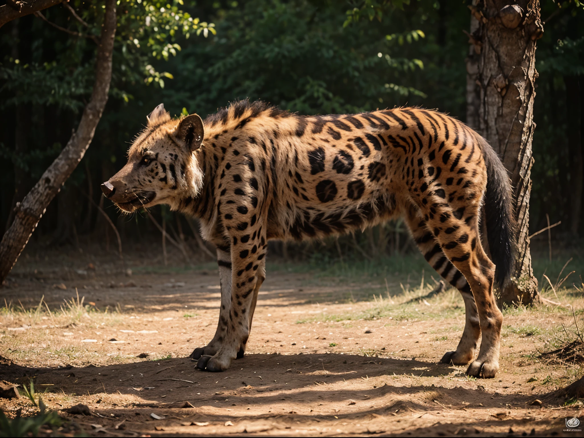 Imaginative crossbreed of Hyena mix with boar and tiger, photorealistic, hybrid animal, hyper detail, Bokeh background, full body, realistic, realism, animal photography, documentary