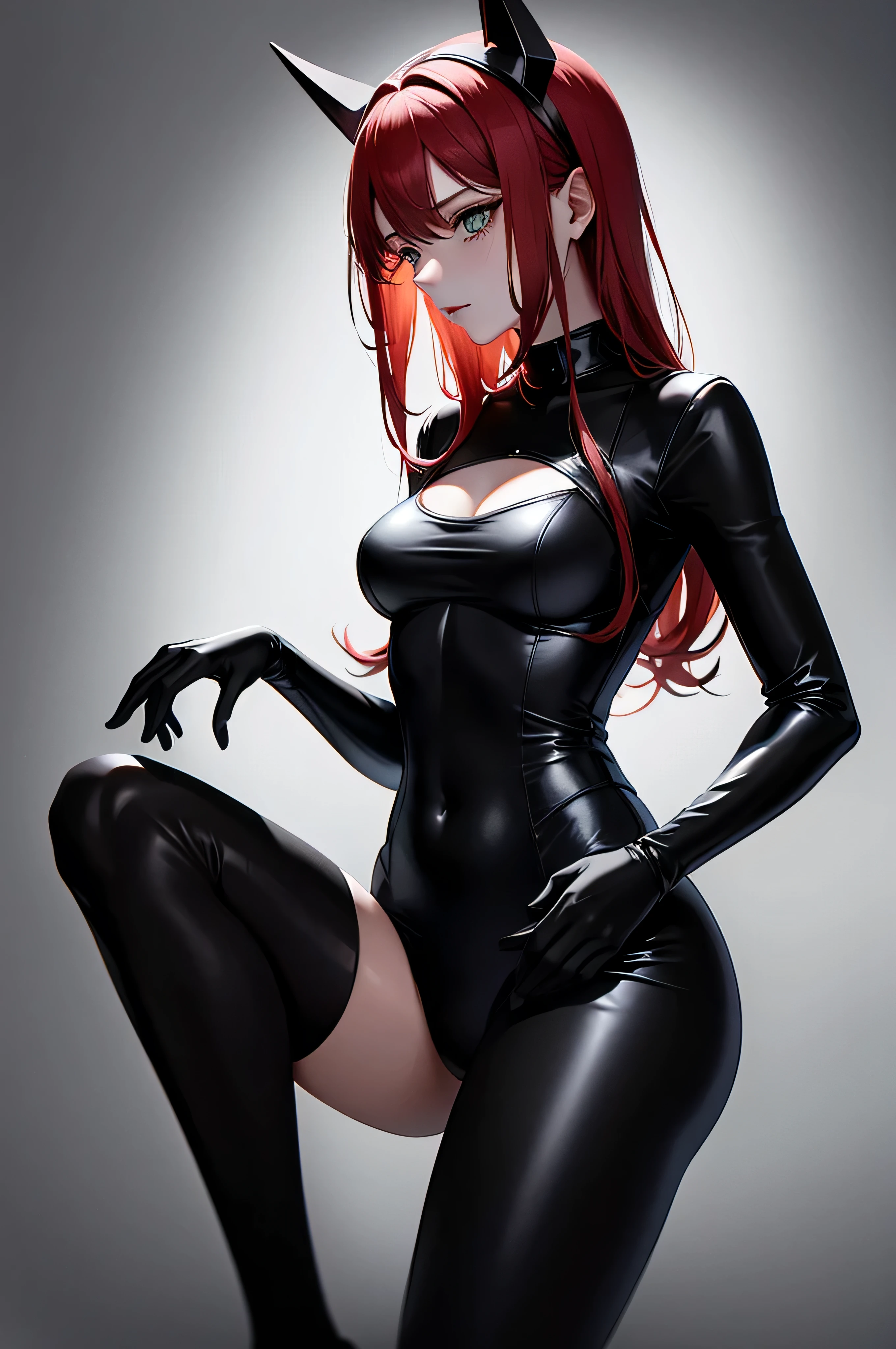 1 girl, best quality, masterpiece, red hair, green eyes, dull empty eyes with purple glint, hypnotized, mind control, wavy hair, black latex bodysuit, shiny latex bodysuit, latex gloves, latex ballet heels, metal cuffs on wrists, metal collar with lock, big breasts, big thighs, big butt, hourglass figure, laying on side, laying on bed with red latex sheets, black latex arm binder, arms behind back, bondage, latex belts binding legs, red ball gag with black latex strap, drooling, blushing, body quivering