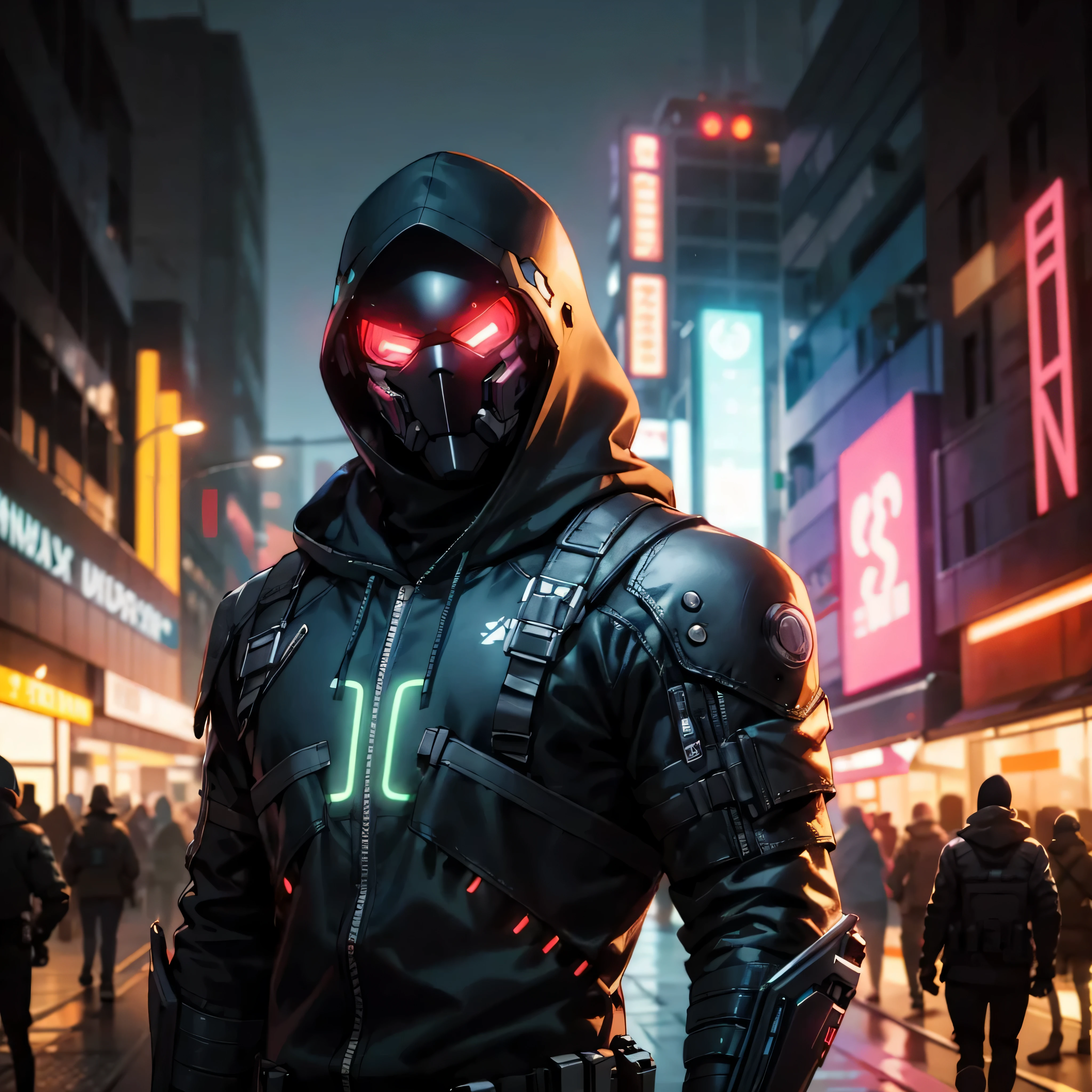 homem arafiado com capuz preto e moletom neon, Cyberpunk Rua Goon, assassino cyberpunk, cyberpunk hero, hacker cyberpunk, personagem cyberpunk, soldado cyberpunk, Master Chief em Cyberpunk City, tem estilo cyberpunk, estilo cyberpunk hiper-realista, cyberpunk with neon lighting, Dan Mumford. 8K Octane rendering, hero pose colorful city lighting, dark cyberpunk illustration