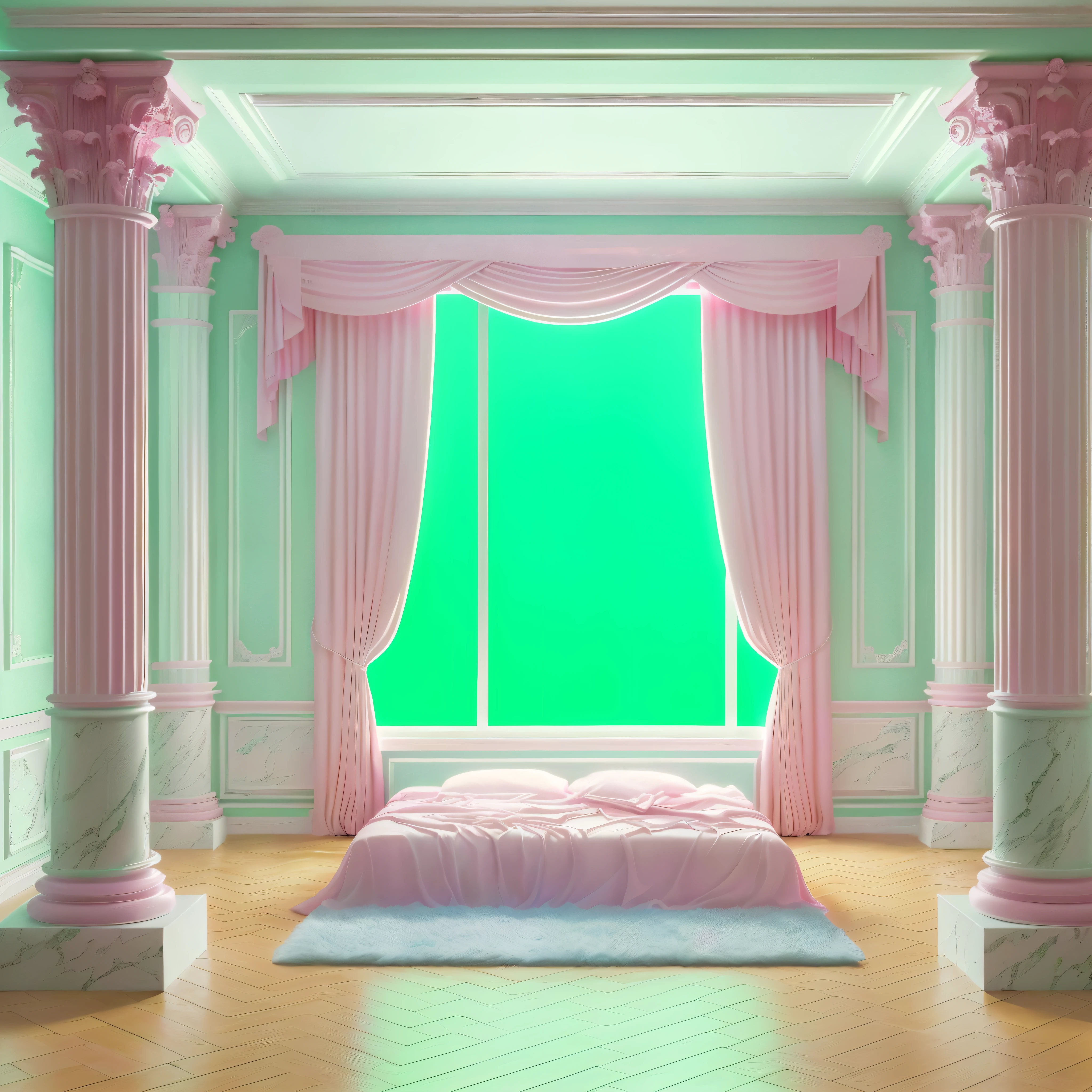 arafed room with a bed and a window with pink curtains, brightly lit pink room, vaporwave mansion, vaporwave lighting style, draped in fleshy green and pink, rich vivid pastel colors, vibrant pastel colors, vivid pastel colors, bedroom background, vaporwave style masterpiece, soft gradients. baroque period, rich pastel colors, the walls are pink