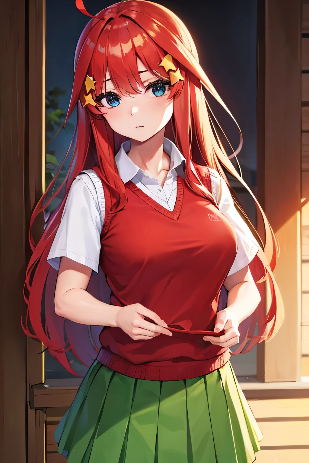 itsukinakano, itsuki nakano, long hair, bangs, blue eyes, hair between eyes, ahoge, red hair, star \(symbol\), hair ornament, star hair ornament, BREAK skirt, shirt, school uniform, collarbone, white shirt, short sleeves, pleated skirt, socks, collared shirt, miniskirt, kneehighs, white socks, (green skirt:1.5), sweater vest, (red sweater vest:1.5), BREAK indoors, classroom, BREAK looking at viewer, (cowboy shot:1.5), BREAK (masterpiece:1.2), best quality, high resolution, unity 8k wallpaper, (illustration:0.8), (beautiful detailed eyes:1.6), extremely detailed face, perfect lighting, extremely detailed CG, (perfect hands, perfect anatomy),