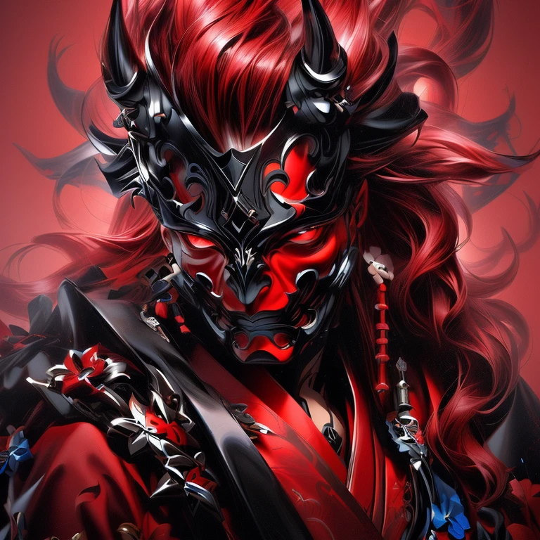 there is a woman with red hair and a black mask, onmyoji detailed art, onmyoji portrait, villain wearing a red oni mask, onmyoji, intricate ornate anime cgi style, colored zbrush render, painted in zbrush, handsome japanese demon boy, demon slayer artstyle, zbrush contest winner, zbrush central contest winner, zbrush art