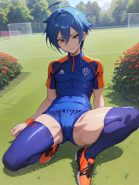 (((Official art,superfine illustration,hight resolution, masutepiece, best qualtiy,Best Quality,)))hightquality, detaileds, (A ),12 years oace striker male idol with a super cute face,A boy as beautiful as Planding, Cool handsome face with smile, soccer spike, Long legs, thighs thighs thighs thighs, Foots, Bulge, (Blue-haired、Spiky hairstyle)、Shiny hair, (tight shiny orange soccer uniform suit), (tight and shiny soccer shorts), (Soccer Socks), tussock, Cool pose, (厚いthighs thighs thighs thighs、Seduce your big ass to your crotch)、(((soccer field in the park)))、((cocky、))、Smirk、Spread legs,Ultra-fine painting, (Best Quality, 4K, 8K, hight resolution, masutepiece:1.2),(((Being aware of the sexual gaze of middle-aged gay men)))、Service Shots、