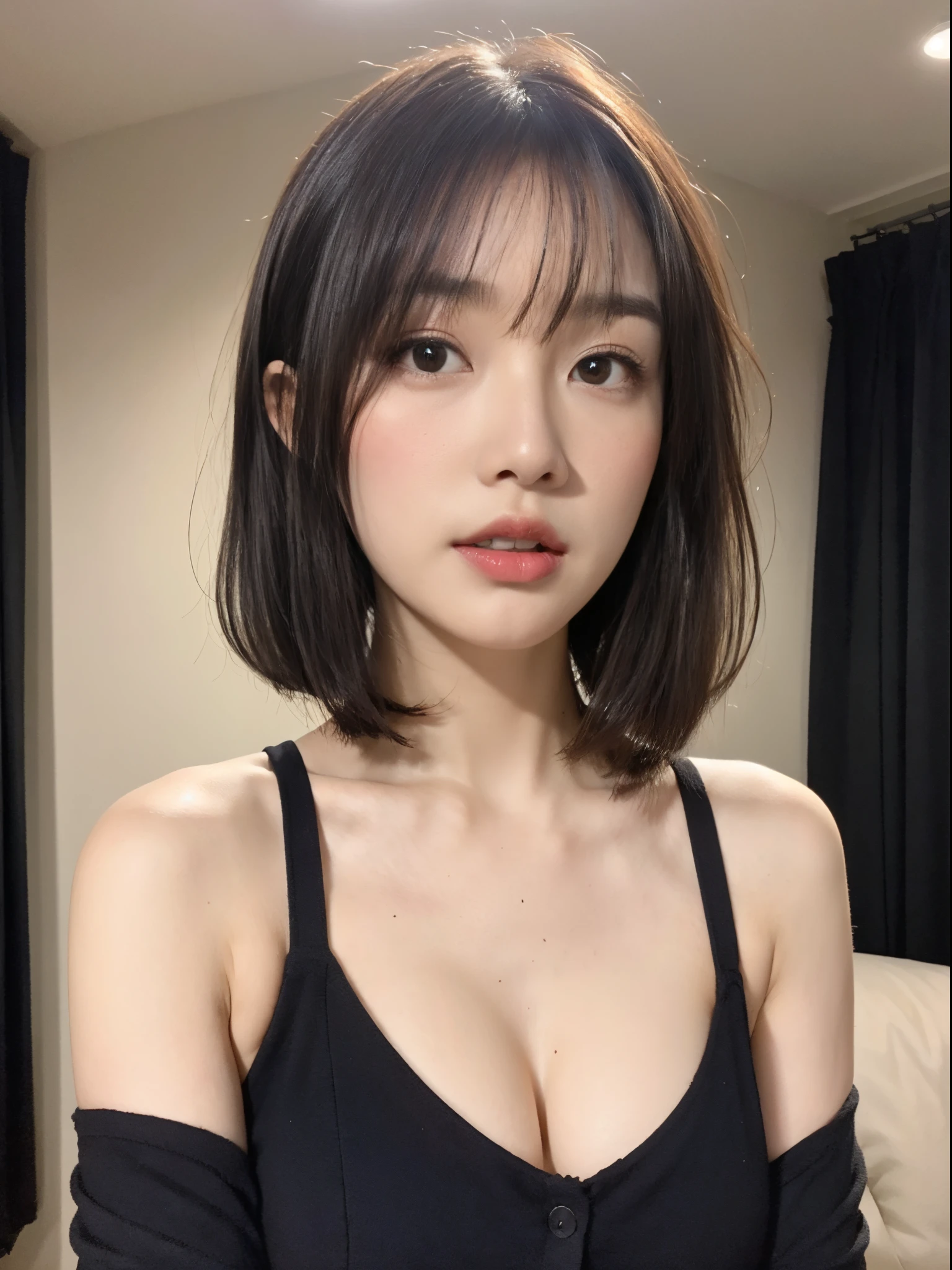 ((top-quality、8K、​masterpiece:1.3))、Beautuful Women、1girl in、(cute little)、Slender Abs:1.1、(Black Dress)、((short-hair))、hyperdetailed face、very detailed lips、A detailed eye、二重まぶた、(well-groomed bangs.1.3)、dark brown  hair、big eye、enticing lips、The corners of the mouth rise、Black eye、(Night Party)、cute littleワンアジア人の顔, the face of a beautiful Japanese girl, with short hair with bangs, white hime cut hairstyle、Slender eyes、