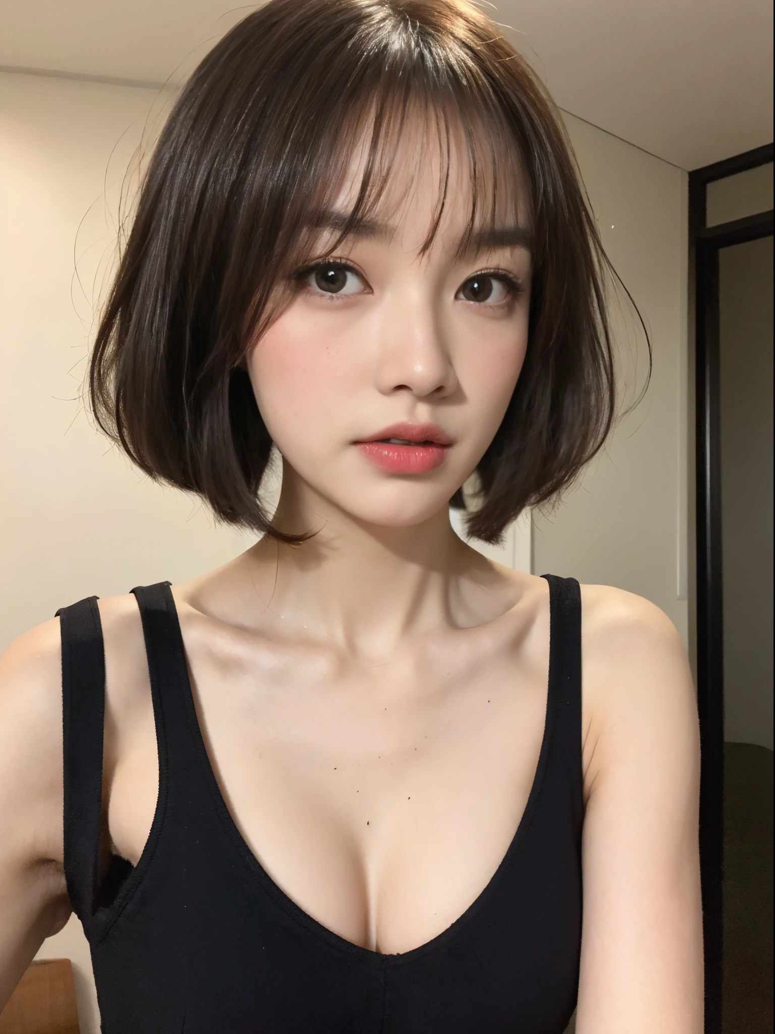((top-quality、8K、masterpiece:1.3))、Beautuful Women、1girl in、(cute little)、Slender Abs:1.1、(Black Dress)、((short-hair))、hyperdetailed face、very detailed lips、A detailed eye、二重まぶた、(well-groomed bangs.1.3)、dark brown hair、big eye、enticing lips、The corners of the mouth rise、Black eye、(Night Party)、cute littleワンアジア人の顔, the face of a beautiful Japanese girl, with short hair with bangs, white hime cut hairstyle、Slender eyes、