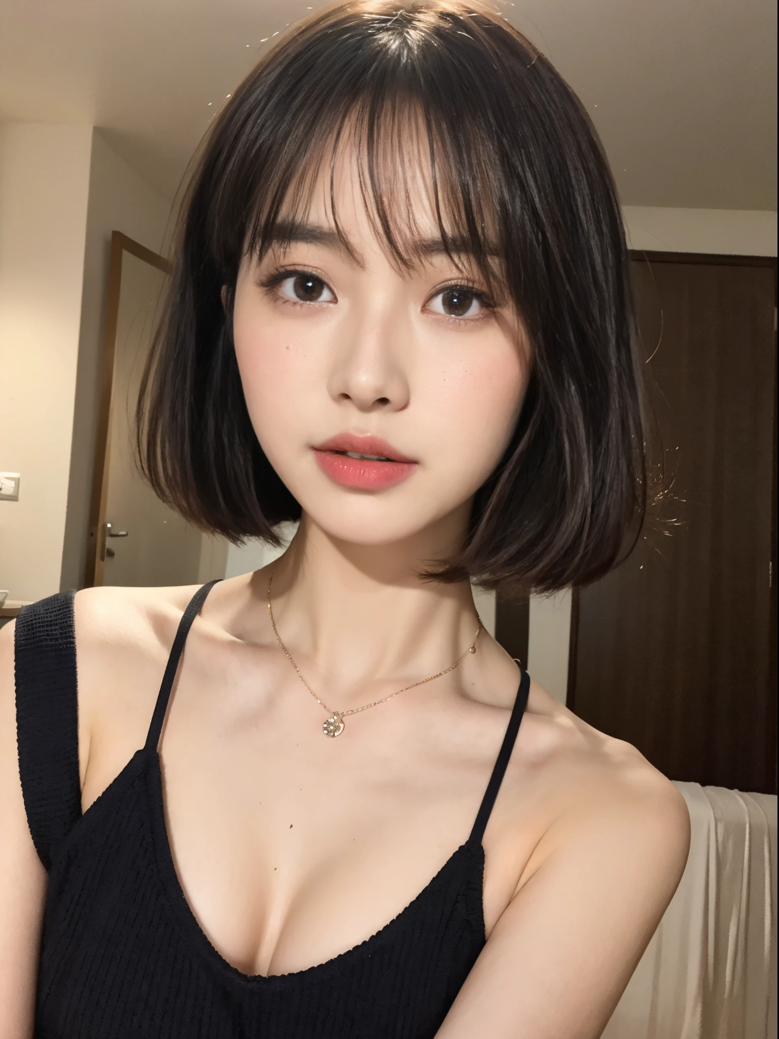 ((top-quality、8K、masterpiece:1.3))、Beautuful Women、1girl in、(cute little)、Slender Abs:1.1、(Black Dress)、((short-hair))、hyperdetailed face、very detailed lips、A detailed eye、二重まぶた、(well-groomed bangs.1.3)、dark brown hair、big eye、enticing lips、The corners of the mouth rise、Black eye、(Night Party)、cute littleワンアジア人の顔, the face of a beautiful Japanese girl, with short hair with bangs, white hime cut hairstyle、Slender eyes、