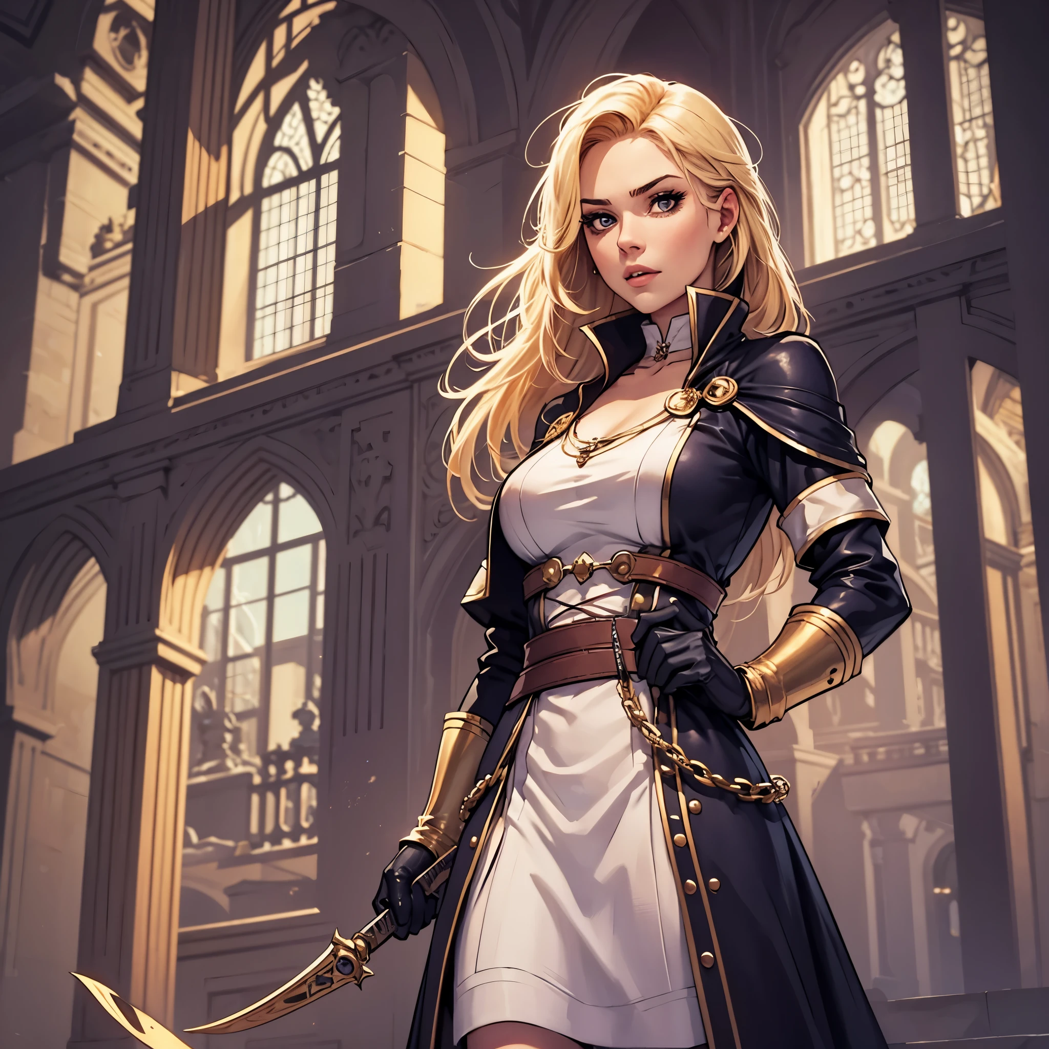 Noble blonde twenty years old female, European female, mage apprentice, fair but not beautiful, weak, determined, confident, bratty in a magic academy, digital drawing, roleplaying game, dirty, rough