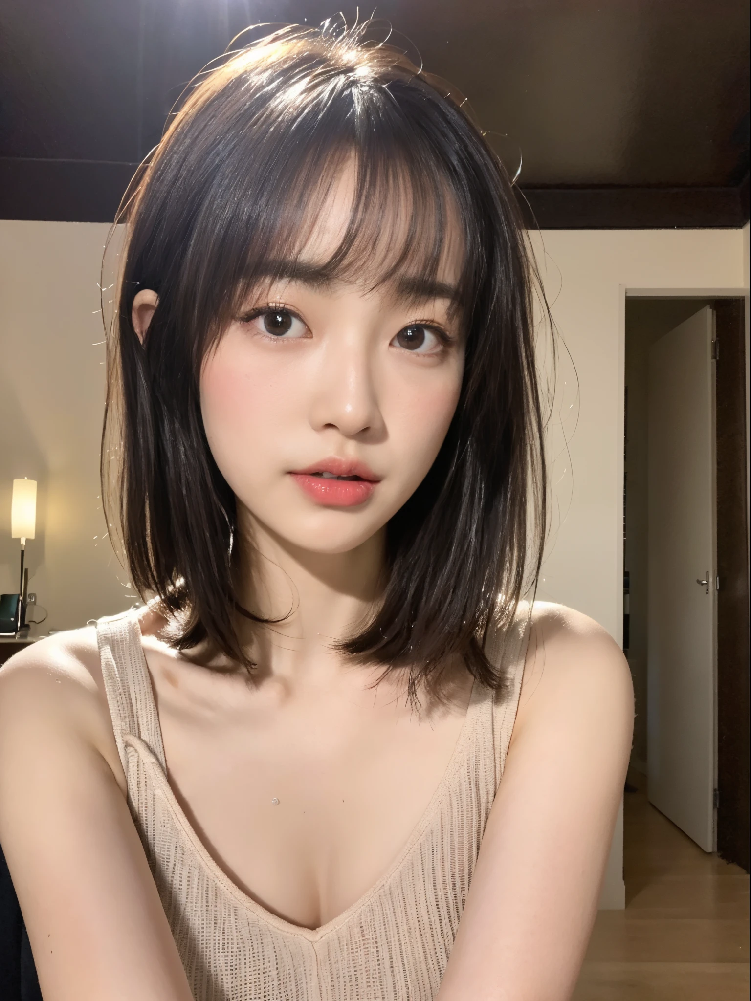 ((top-quality、8K、masterpiece:1.3))、Beautuful Women、1girl in、(cute little)、Slender Abs:1.1、(random color dress)、((short-hair))、hyperdetailed face、very detailed lips、A detailed eye、二重まぶた、(well-groomed bangs.1.3)、dark brown hair、big eye、enticing lips、The corners of the mouth rise、Black eye、(Night Party)、cute littleワンアジア人の顔, the face of a beautiful Japanese girl, with short hair with bangs, white hime cut hairstyle、Slender eyes、-yeld beiful girl、Wet body