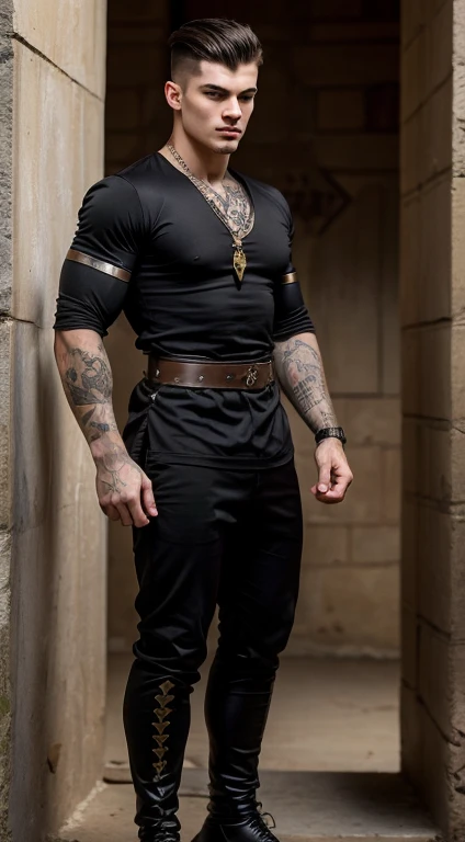 Young white man ancient warrior , , military haircut, dark black hair, intense green eyes, intense gaze, affiliated features, no facial hair, height 1.93, weight 96 kg, muscular build, broad shoulders, V-shaped body, sleeves tattoos on right arm, full body focus, completely hairless,