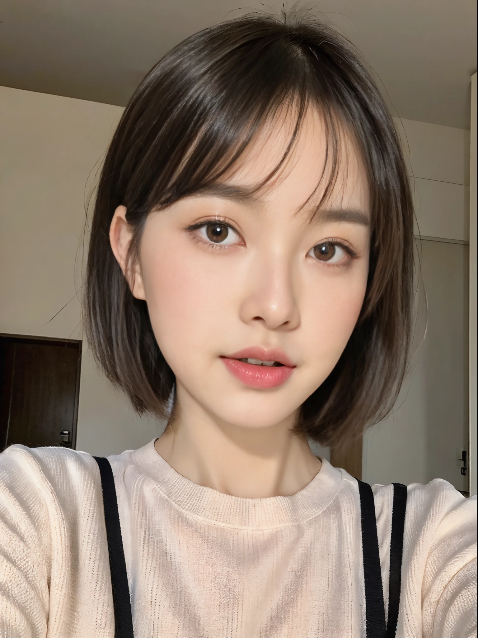 ((top-quality、8K、masterpiece:1.3))、Beautuful Women、1girl in、(cute little)、Slender Abs:1.1、(random color dress)、((short-hair))、hyperdetailed face、very detailed lips、A detailed eye、二重まぶた、(well-groomed bangs.1.3)、dark brown hair、big eye、enticing lips、The corners of the mouth rise、Black eye、(Night Party)、cute littleワンアジア人の顔, the face of a beautiful Japanese girl, with short hair with bangs, white hime cut hairstyle、Slender eyes、
