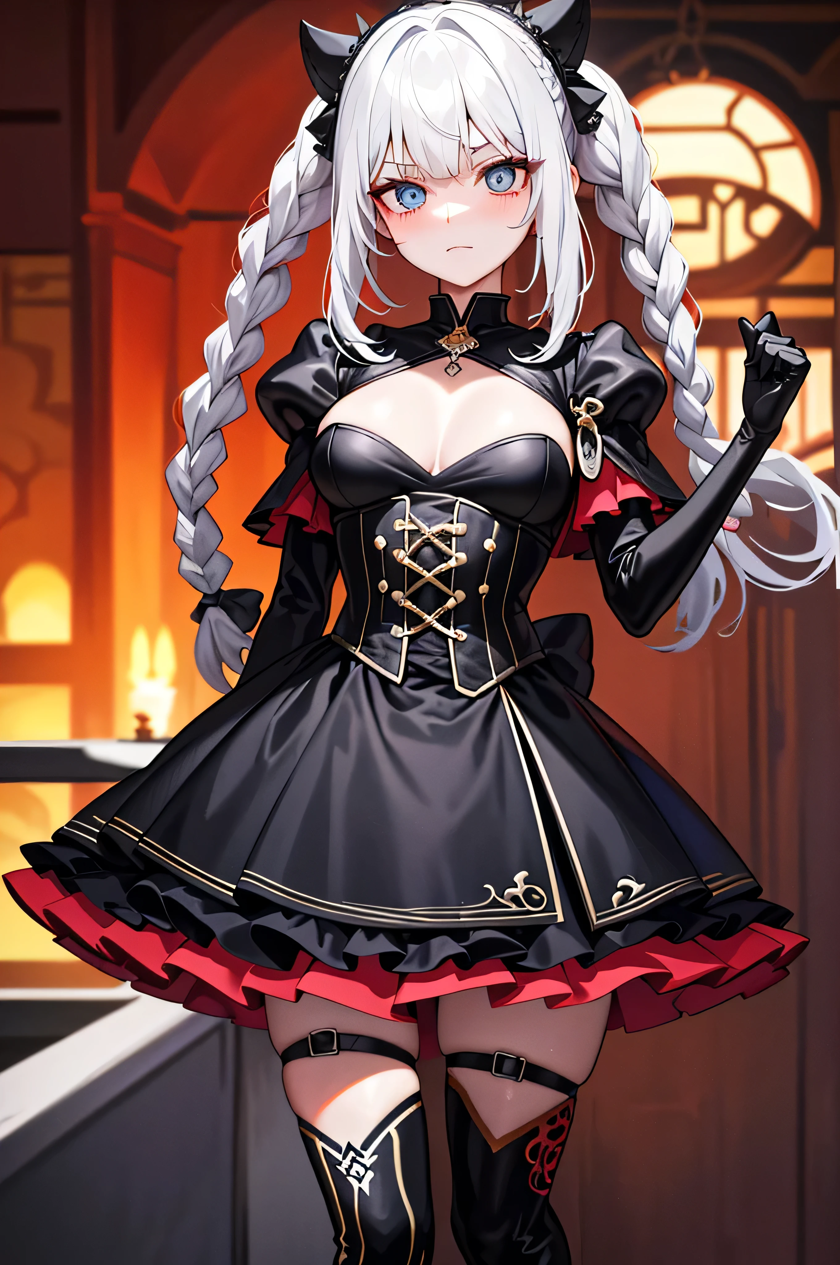 Meisterwerk, best quality, 1girls, Lange Haare, Large bust, sehr langes rotes Haar, gelbe Augen, Buns with braids , Schwarzes Kleid, Juwelen, Rubin-Ohrringe, gute Anatomie, rote Handschuhe, Stiefel, Hacken, wicked, emotionless, Intimidating, blutig, Detaillierte Augen, Thron, dunkler Hintergrund, close up, ((detaillierte Augen, gorgeous eyes, haar bang