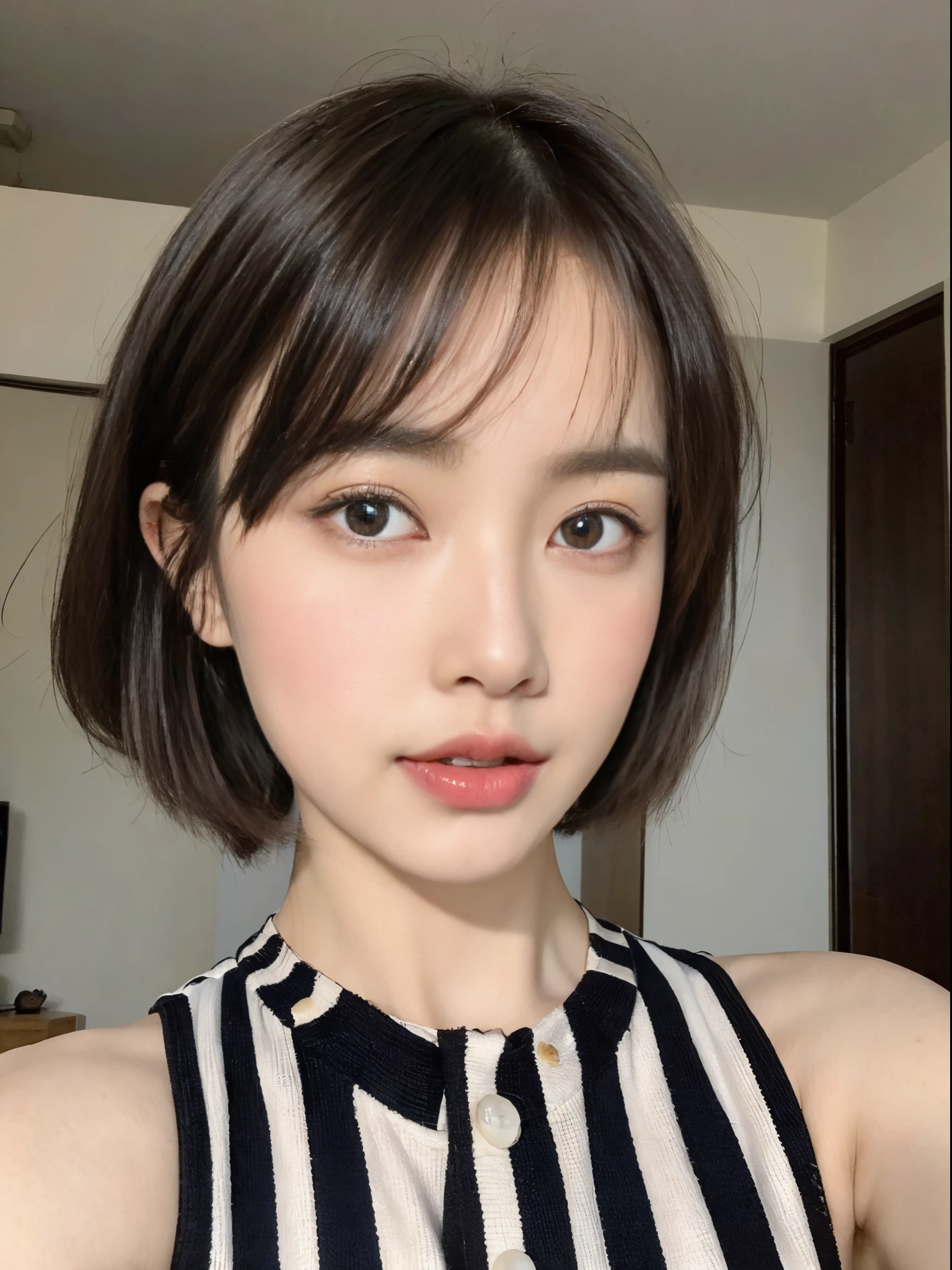 ((top-quality、8K、masterpiece:1.3))、Beautuful Women、1girl in、(cute little)、Slender Abs:1.1、(random color dress)、((short-hair))、hyperdetailed face、very detailed lips、A detailed eye、二重まぶた、(well-groomed bangs.1.3)、dark brown hair、big eye、enticing lips、The corners of the mouth rise、Black eye、(Night Party)、cute littleワンアジア人の顔, the face of a beautiful Japanese girl, with short hair with bangs, white hime cut hairstyle、Slender eyes、