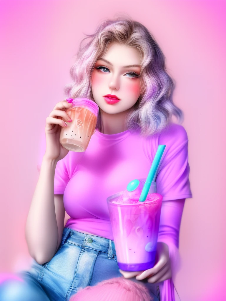 a woman sitting on a chair holding a cup of purple liquid, drinking a strawberry iced latte, anna nikonova aka newmilky, holding a drink, colored milk tea, soda themed girl, taylor swift made of purple , photoshoot for skincare brand, color portrait, pastel style, purple water, lilac hair, product shoot, professional color photography, in pastel colors