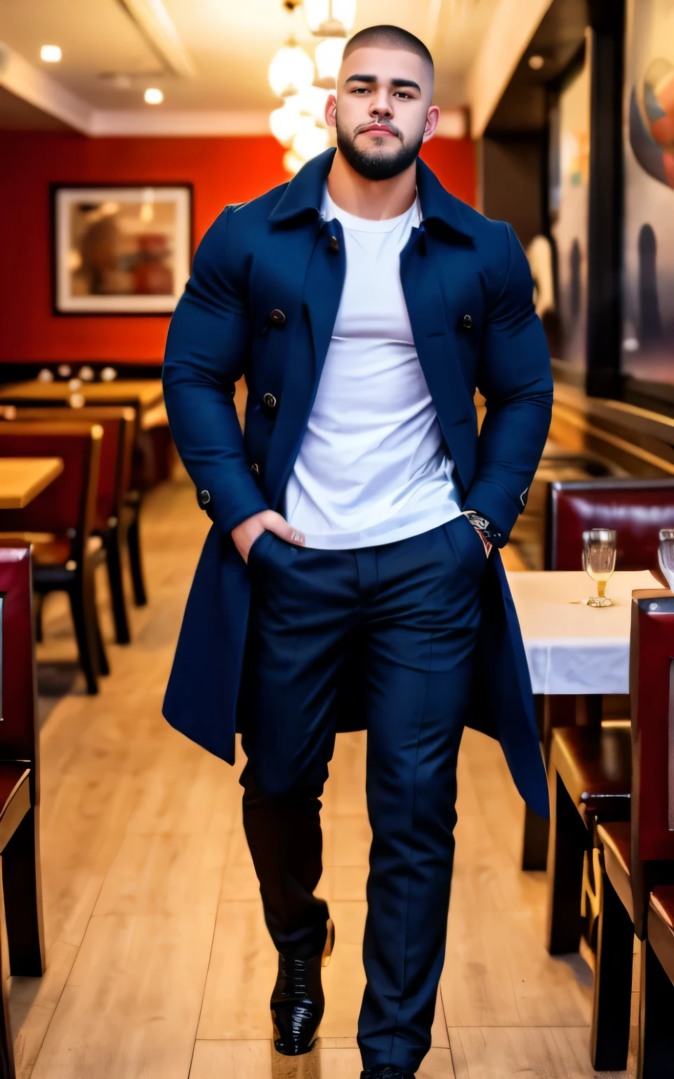 hot boy with strong muscles, 19 years old, buzz cut, in restaurant, coat, shirt and pants, big dick in pants, very strong, short beard, very short hair, snowing outside, strong