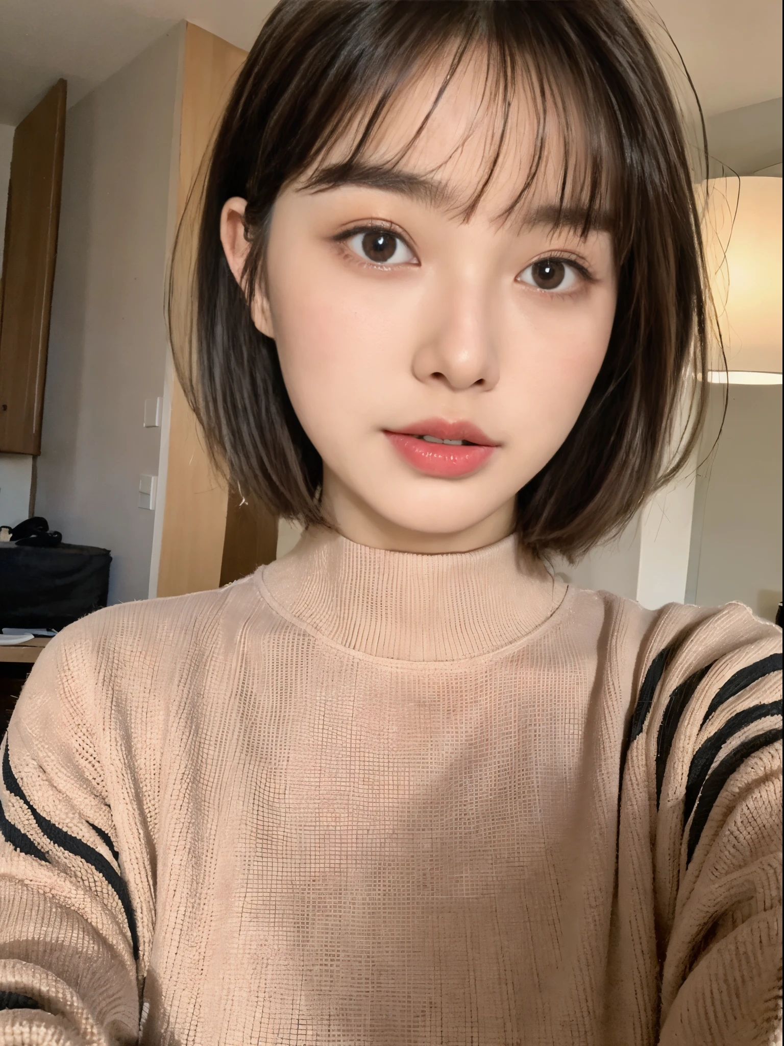 ((top-quality、8K、​masterpiece:1.3))、Beautuful Women、1girl in、(cute little)、Slender Abs:1.1、(random color dress)、((short-hair))、hyperdetailed face、very detailed lips、A detailed eye、二重まぶた、(well-groomed bangs.1.3)、dark brown  hair、big eye、enticing lips、The corners of the mouth rise、Black eye、(Night Party)、cute littleワンアジア人の顔, Beautiful Korean girl face, with short hair with bangs, white hime cut hairstyle、Slender eyes、