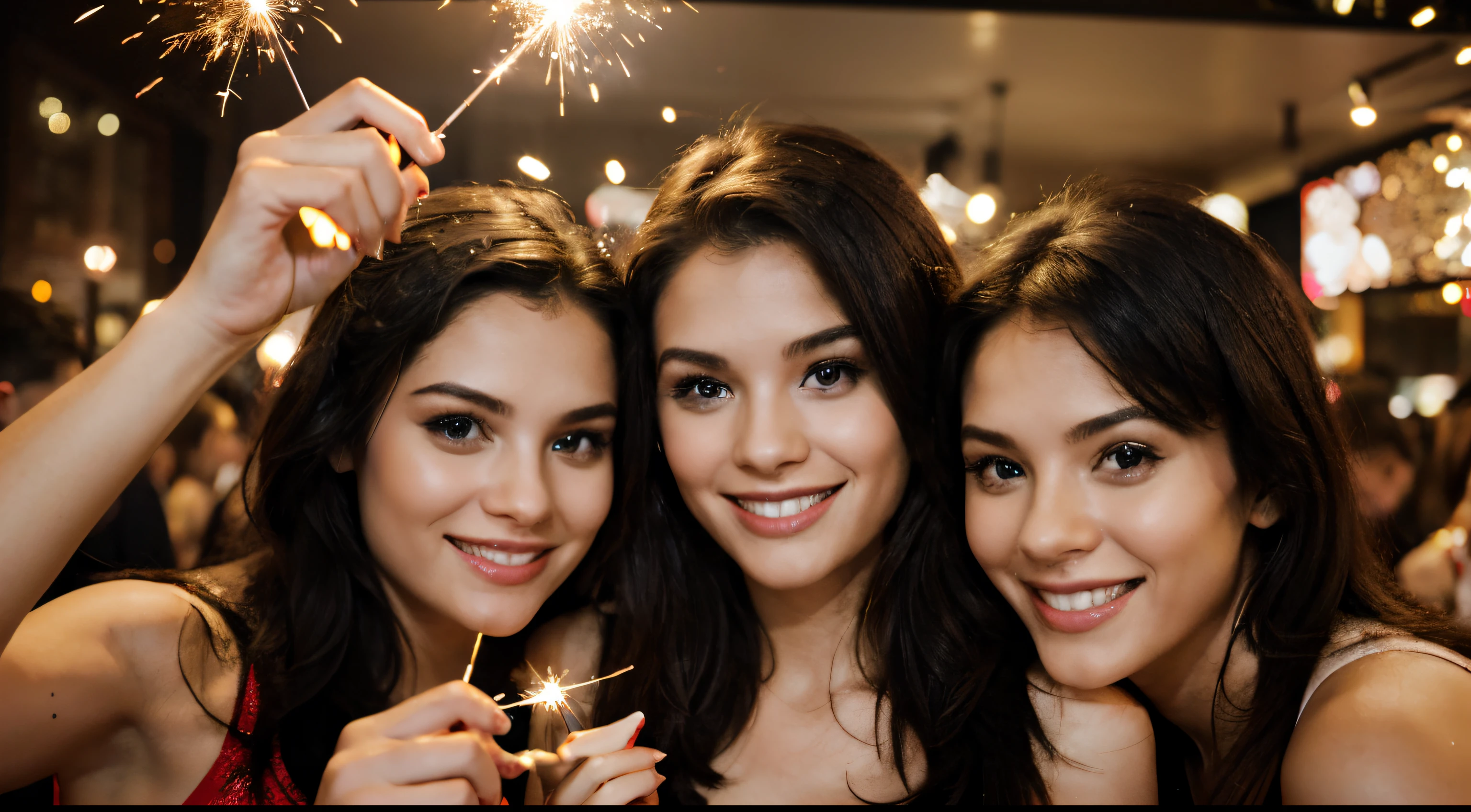 Groupe d'amis s'amusant avec des cierges magiques célébrant Silvester. Happy New Year! parti, Vacances, concept de célébration et de personnes - groupe d'amis souriants avec des cierges magiques s'amusant at night boîte