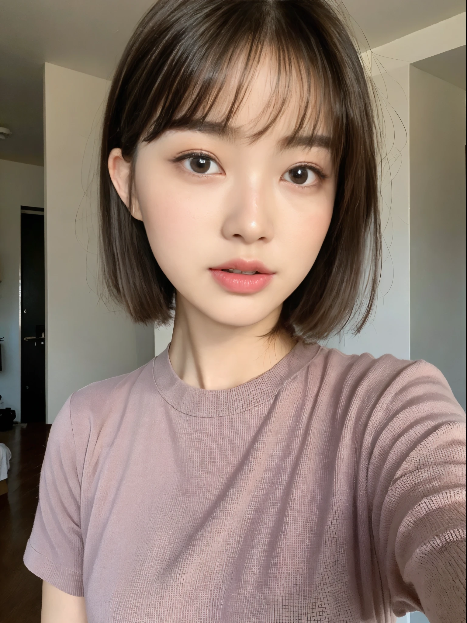 ((top-quality、8K、​masterpiece:1.3))、Beautuful Women、1girl in、(cute little)、Slender Abs:1.1、(random color dress)、((short-hair))、hyperdetailed face、very detailed lips、A detailed eye、二重まぶた、(well-groomed bangs.1.3)、dark brown  hair、big eye、enticing lips、The corners of the mouth rise、Black eye、(Night Party)、cute littleワンアジア人の顔, the face of a beautiful Japanese girl, with short hair with bangs, white hime cut hairstyle、Slender eyes、17-year-old beautiful girl