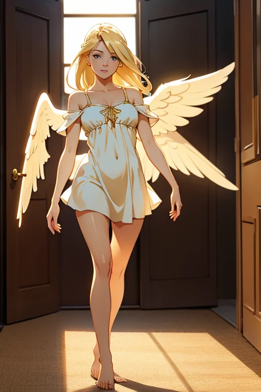 an angel looking like a beautiful blonde barefoot woman.
