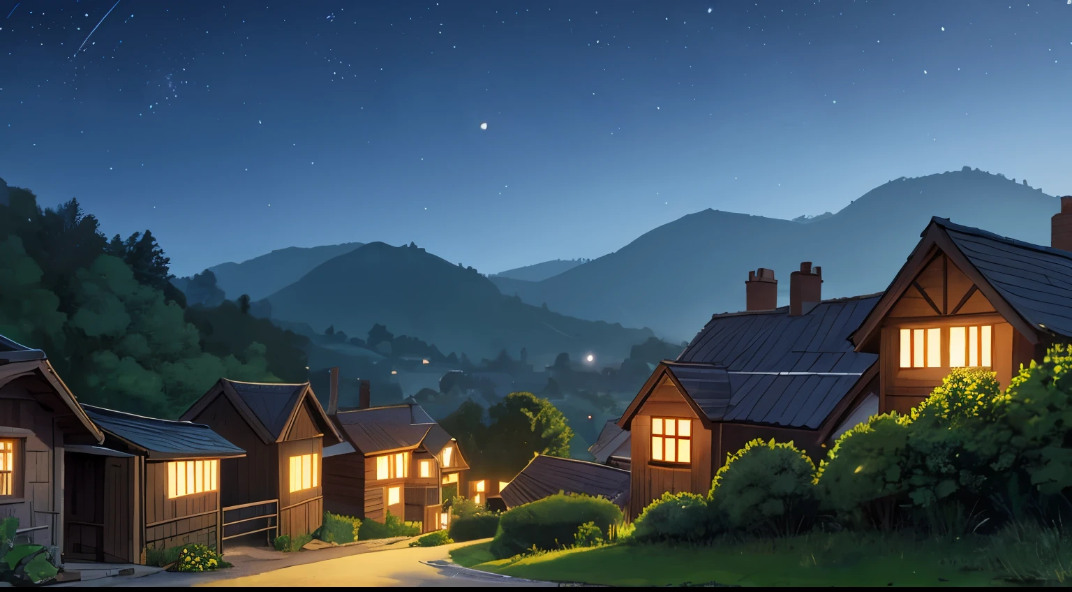 small village, there is no light in the windows, Wooden houses, the night, There are stars in the sky