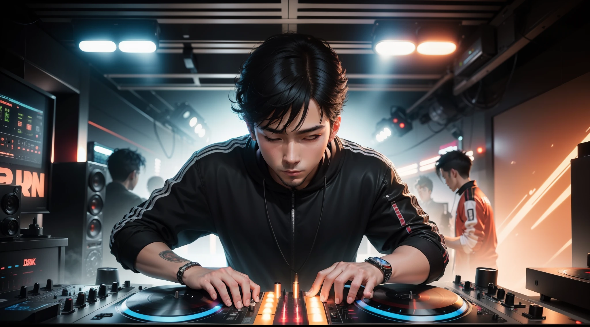 If you are a DJ, DJ operating two turntables、DJ facing the front、Cool male DJ