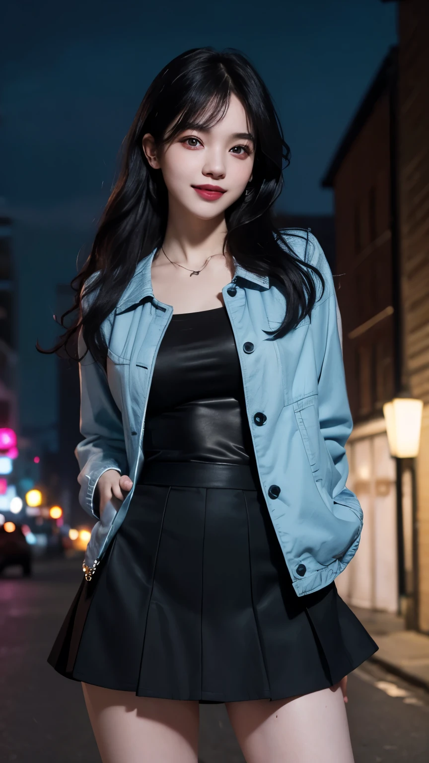 (best quality,masterpiece:1.2),ultra high res,at night,City alley background,photorealistic,beautiful woman,black paleted skirt,pink blouse, blue jacket,black hair,messy hair,almond eyes,grin,lustful expression,pale skin,bokeh