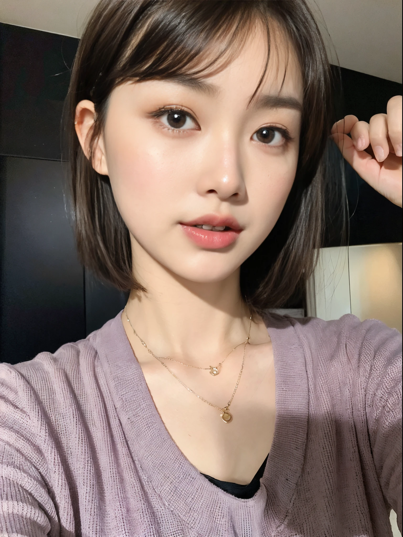 ((top-quality、8K、masterpiece:1.3))、Beautuful Women、1girl in、(cute little)、Slender Abs:1.1、(random color dress)、((short-hair))、hyperdetailed face、very detailed lips、A detailed eye、二重まぶた、(well-groomed bangs.1.3)、dark brown hair、big eye、enticing lips、The corners of the mouth rise、Black eye、(Night Party)、cute littleワンアジア人の顔, the face of a beautiful Japanese girl, with short hair with bangs, white hime cut hairstyle、Slender eyes、17-year-old beautiful girl