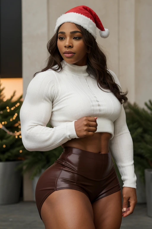 Serena Williams, Generate a full length fashion portrait of a heavily muscled iff pro female bodybuilder , her makeup, hair, she is dressed in a tight oil glossy sweater, tight miniskirt, white knee high socks, xmas hat, lighting, environment