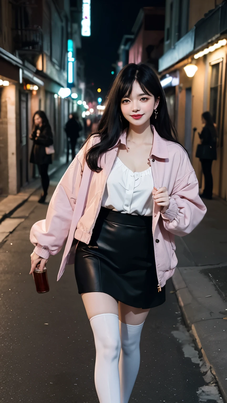 (best quality,masterpiece:1.2),ultra high res,at night,City alley background,photorealistic,beer in hand,long white stockings,beautiful woman,black paleted skirt,pink blouse, blue jacket,black hair,messy hair,almond eyes,smug smiling,pale skin,bokeh