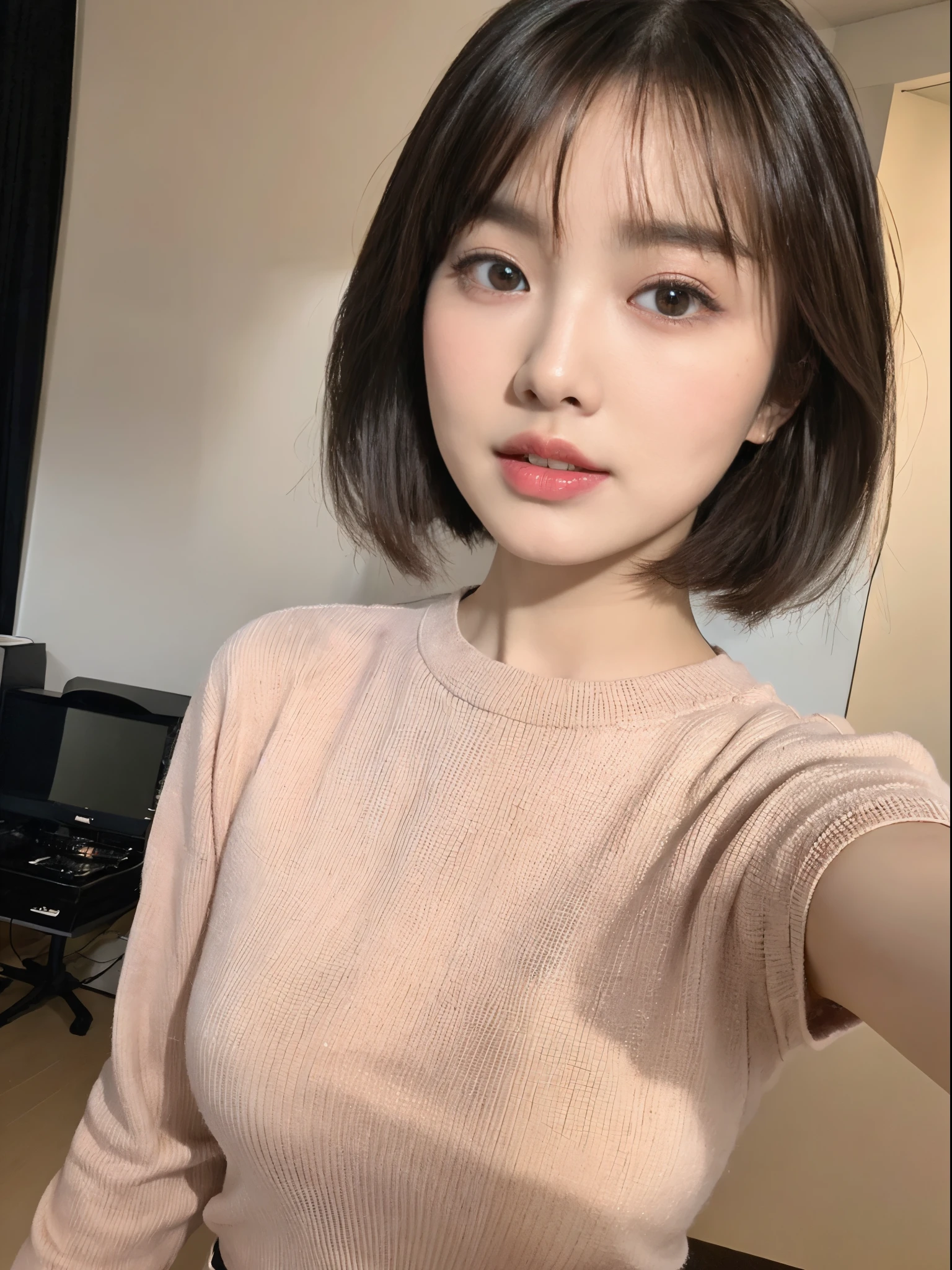 ((top-quality、8K、masterpiece:1.3))、Beautuful Women、1girl in、(cute little)、Slender Abs:1.1、(random color dress)、((short-hair))、hyperdetailed face、very detailed lips、A detailed eye、二重まぶた、(well-groomed bangs.1.3)、dark brown hair、big eye、enticing lips、The corners of the mouth rise、Black eye、(Night Party)、cute littleワンアジア人の顔, the face of a beautiful Japanese girl, with short hair with bangs, white hime cut hairstyle、Slender eyes、17-year-old beautiful girl