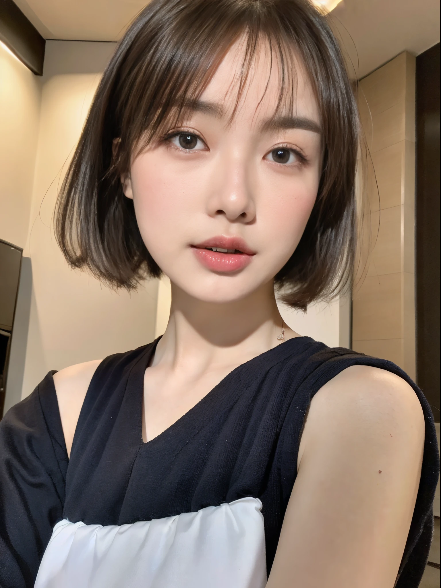((top-quality、8K、masterpiece:1.3))、Beautuful Women、1girl in、(cute little)、Slender Abs:1.1、(random color dress)、((short-hair))、hyperdetailed face、very detailed lips、A detailed eye、二重まぶた、(well-groomed bangs.1.3)、dark brown hair、big eye、enticing lips、The corners of the mouth rise、Black eye、(Night Party)、cute littleワンアジア人の顔, the face of a beautiful Japanese girl, with short hair with bangs, white hime cut hairstyle、Slender eyes、17-year-old beautiful girl