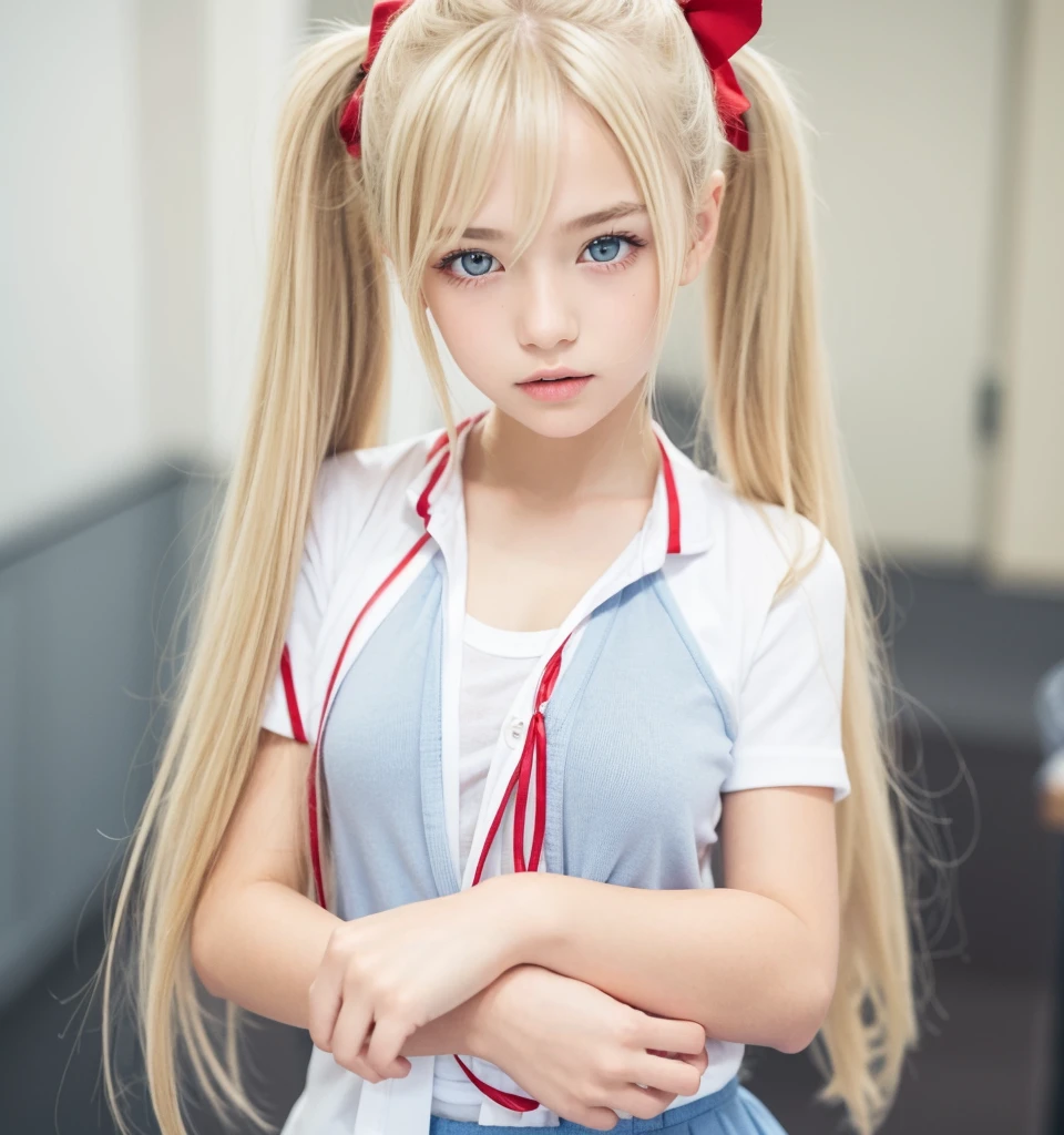 1girl, 19yo, blonde hair, very long hair, twintails, red ribbon, blue eyes, shy, ,akizuki airi, blonde_hair, blue eyes, twintails, very_long_hair, hair_ornament red, hair_scrunchie red, medium_breasts,akizuki airi, blonde_hair, blue eyes, twintails, very_long_hair, hair_ornament red, hair_scrunchie red, medium_breasts, wearing a school uniform, white shirt, open shirt, open shirt, nipples, small nipples, red pleated skirt,