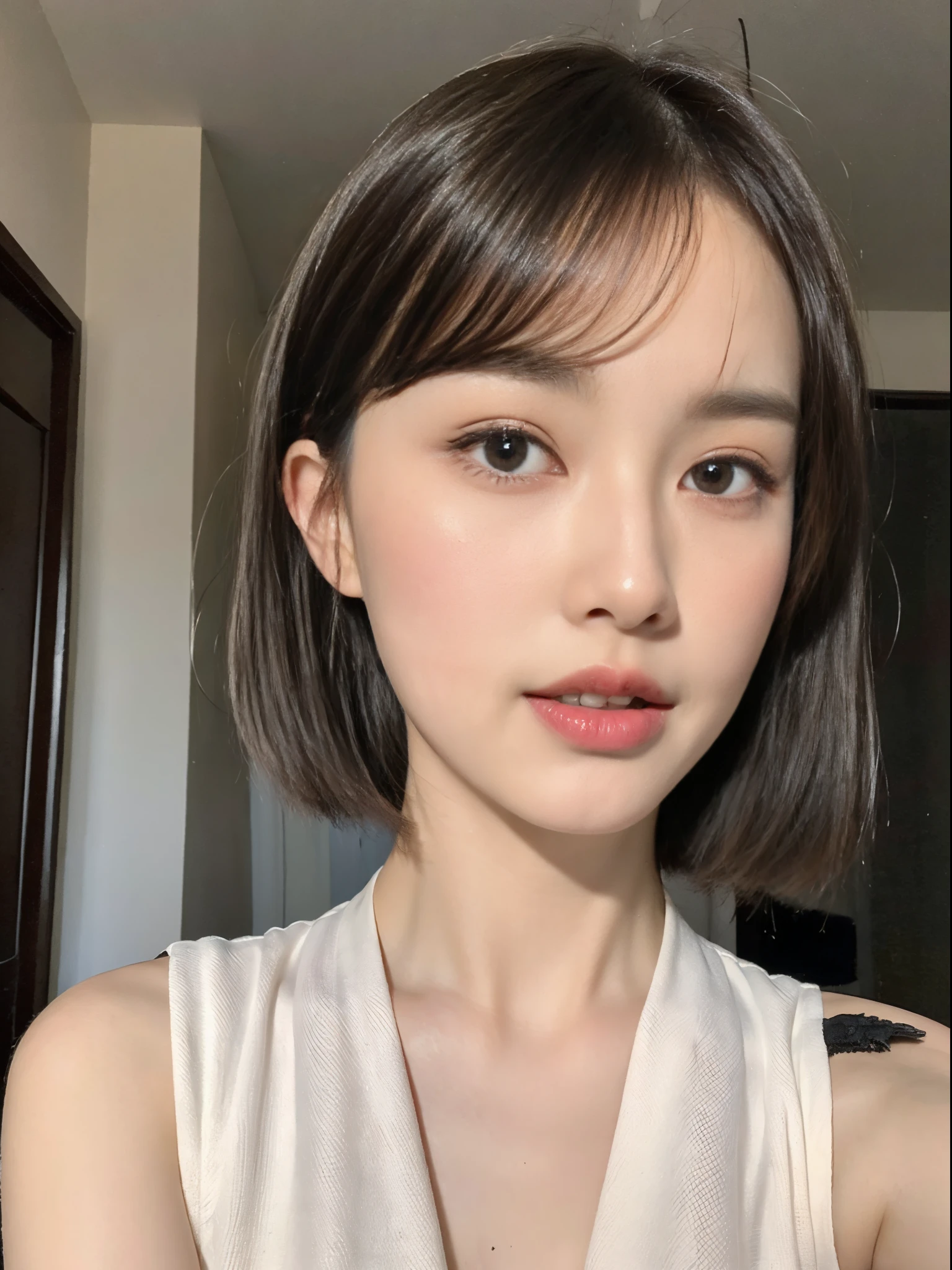 ((top-quality、8K、masterpiece:1.3))、Beautuful Women、1girl in、(cute little)、Slender Abs:1.1、(random color dress)、((short-hair))、hyperdetailed face、very detailed lips、A detailed eye、二重まぶた、(well-groomed bangs.1.3)、dark brown hair、big eye、enticing lips、The corners of the mouth rise、Black eye、(Night Party)、cute littleワンアジア人の顔, the face of a beautiful Japanese girl, with short hair with bangs, white hime cut hairstyle、Slender eyes、17-year-old beautiful girl