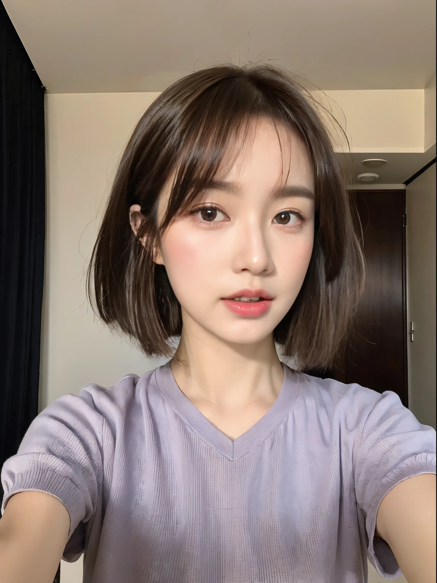 ((top-quality、8K、masterpiece:1.3))、Beautuful Women、1girl in、(cute little)、Slender Abs:1.1、(random color dress)、((Medium hair))、hyperdetailed face、very detailed lips、A detailed eye、二重まぶた、(well-groomed bangs.1.3)、dark brown hair、big eye、enticing lips、The corners of the mouth rise、Black eye、(Night Party)、cute littleワンアジア人の顔, the face of a beautiful Japanese girl, with short hair with bangs, white hime cut hairstyle、Slender eyes、17-year-old beautiful girl